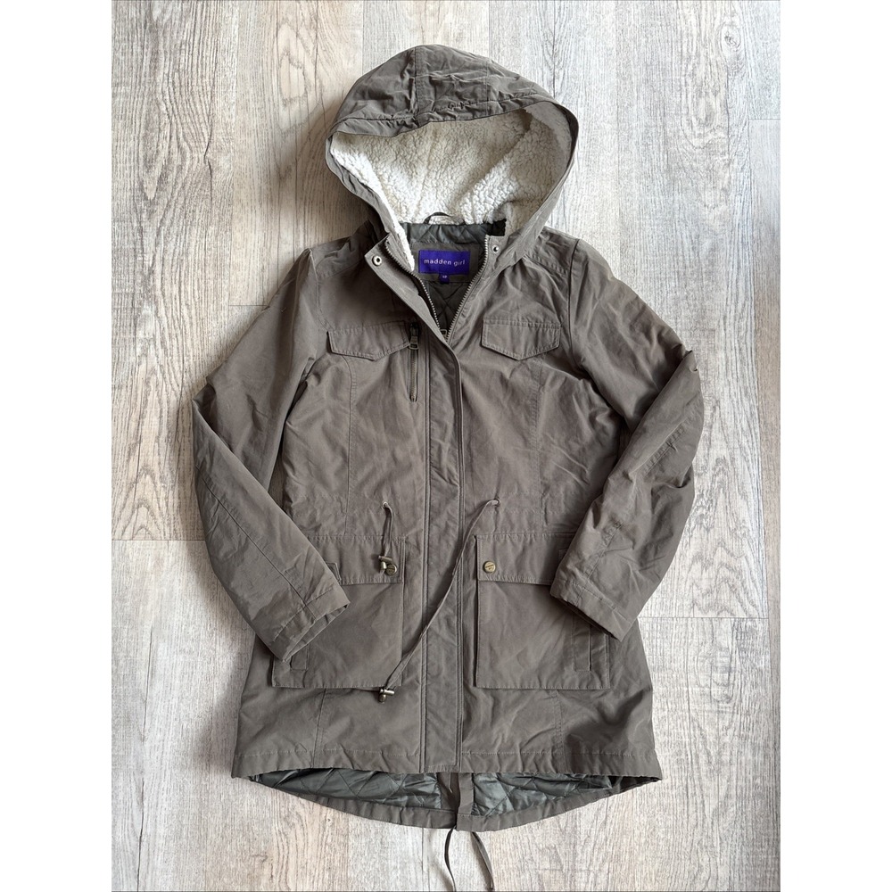 Madden Girl Junior's Size Small Olive Green Sherpa‎ Hooded Parka Jacket Zip Snap